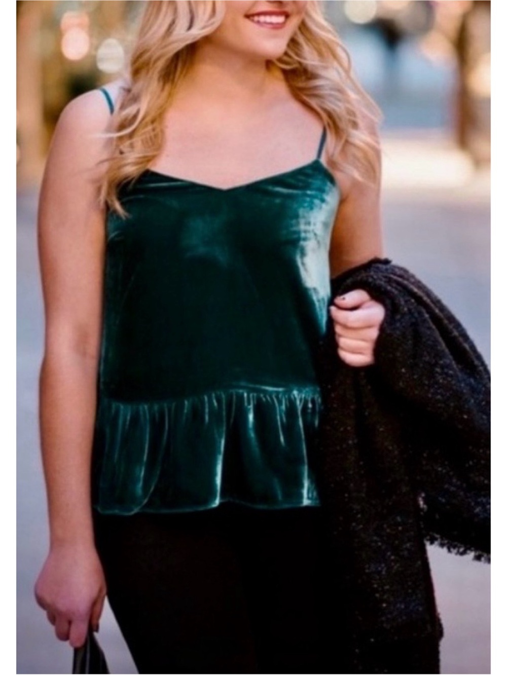 J.CREW• Emerald Green Silk Crushed Velvet Peplum Camisole Top~0P